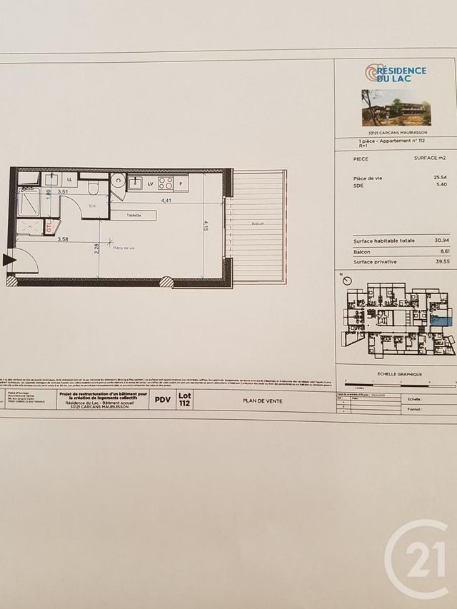 Afficher la photo en grand Appartement T1 à vendre - 1 pièce - 30.94 m2 - CARCANS - 33 - AQUITAINE - Century 21 Agence Biran